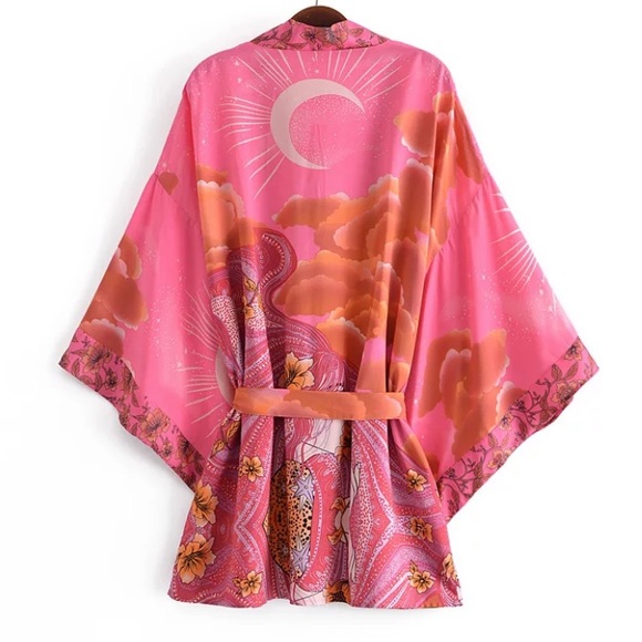 Fuchsia Pink Cosmic Galaxy Moon Boho Short Kimono Coverup Robe - Picture 3 of 10